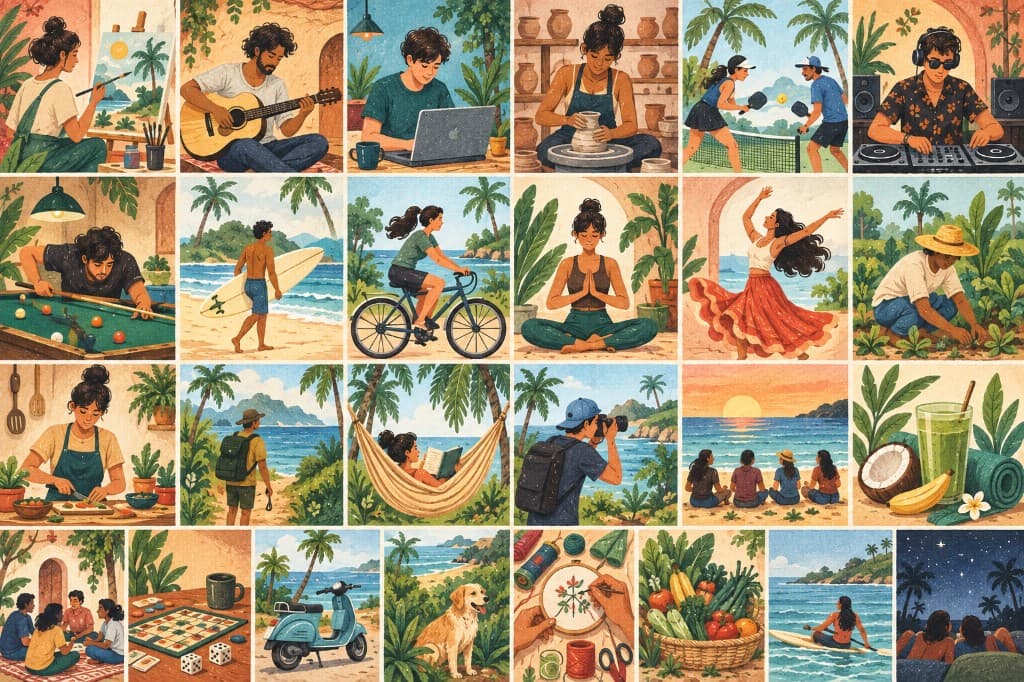 Illustrated collage of village life — creating, moving, resting, and gathering in Mandrem
